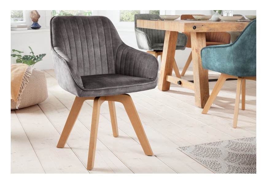 Luxusná sivá dizajnová jedálenská stolička Caballet s opierkami na ruky a zamatovým poťahom