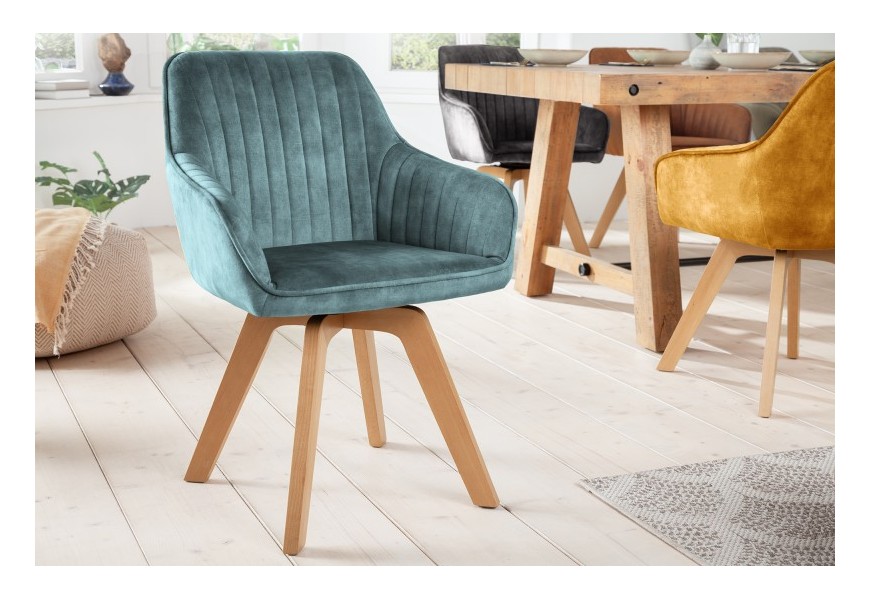 Luxusná modrá dizajnová jedálenská stolička Caballet s opierkami na ruky a zamatovým poťahom