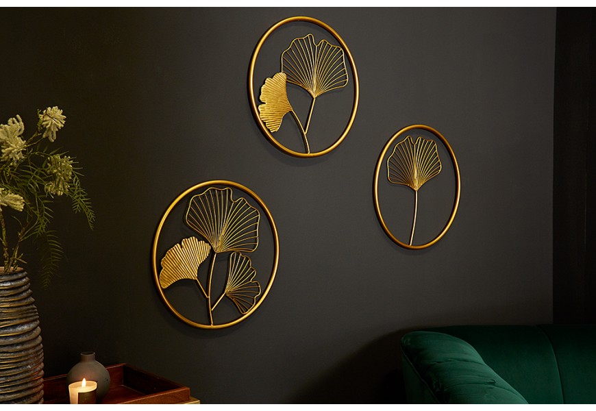 Moderný set florálnych okrúhlych nástenných kovových dekorácií Biloba II zlatej farby 40cm