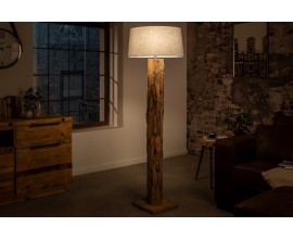 Drevená Etno stojaca lampa Adelise z teakového dreva so sivým ľanovým tienidlom 134cm