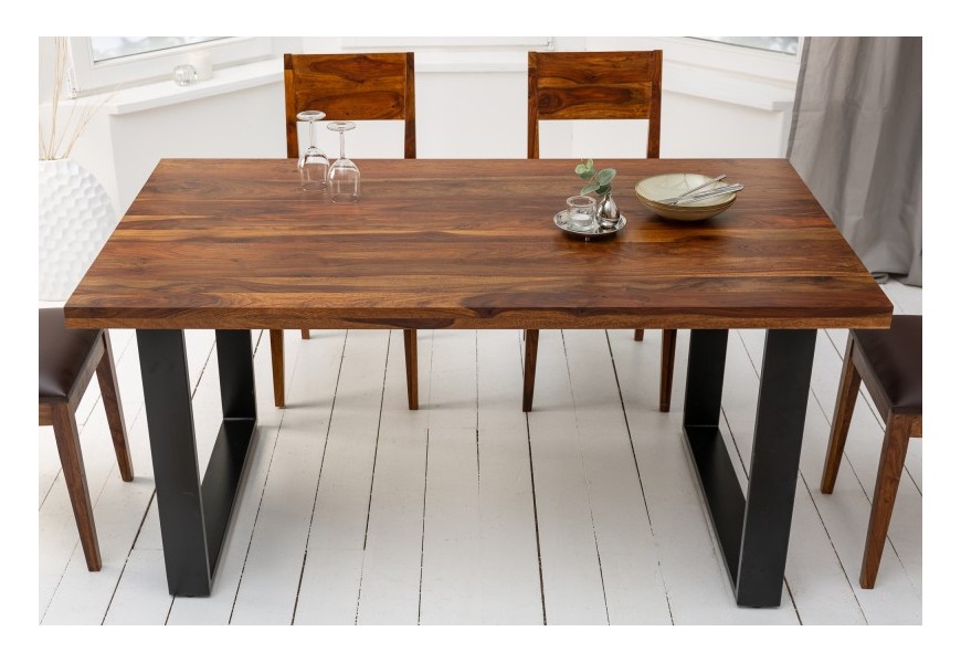 Industri&aacute;lny jed&aacute;lensk&yacute; st&ocirc;l Steele Craft z mas&iacute;vneho dreva sheesham s čiernymi kovov&yacute;mi nohami 160cm