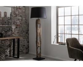 Etno stojaca lampa Adelise s drevenou podstavou a čiernym tienidlom 177cm