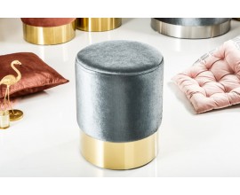 Dizajnová art-deco kruhová taburetka Modern Barock s textilným poťahom šedej farby a so zlatou kovovou podstavou