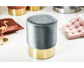Art-deco moderná okrúhla taburetka Modern Barock so sivým poťahom a zlatou kovovou podstavou 35cm 