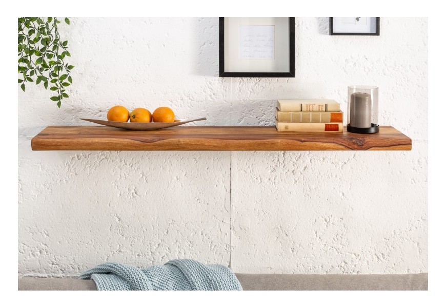 Štýlová moderná závesná polička Mammut z masívu sheesham hnedej farby v industriálnom štýle