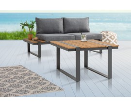 Industriálny dizajnový záhradný stolík Acostado štvorcového tvaru z dreva hnedej farby so sivými kovovými nohami 80cm