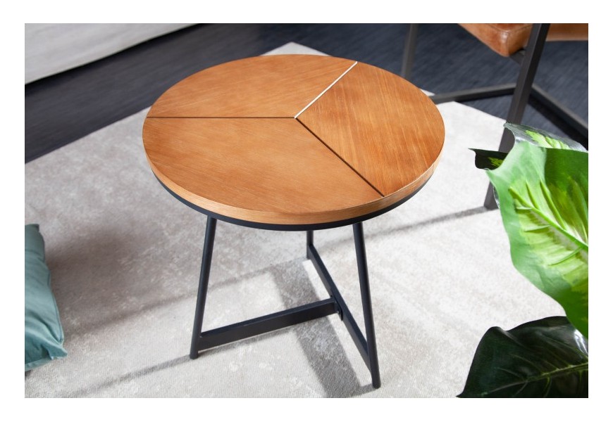 Industriálny nadčasový okrúhly príručnýstolík Carvallo s vrchnou doskou s dubovým vzhľadom 45cm