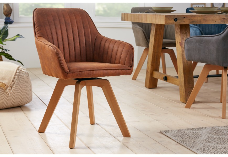 Škandinávske otočné dizajnové zamatové jedálenské kreslo Caballet s opierkami na ruky a poťahom hnedej farby 84cm