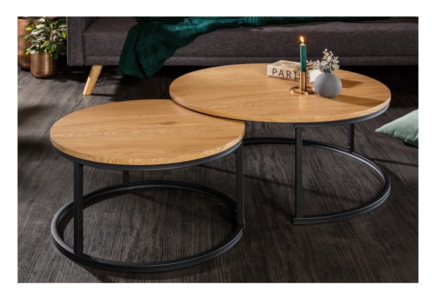 Dizajnový set konferenčných okrúhlych stolíkov Pester s drevenou doskou a kovovou konštrukciou 80cm