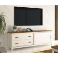 Dizajnový masívny TV stolík Cerdena s dvomi zásuvkami a posuvnými dvierkami 190cm