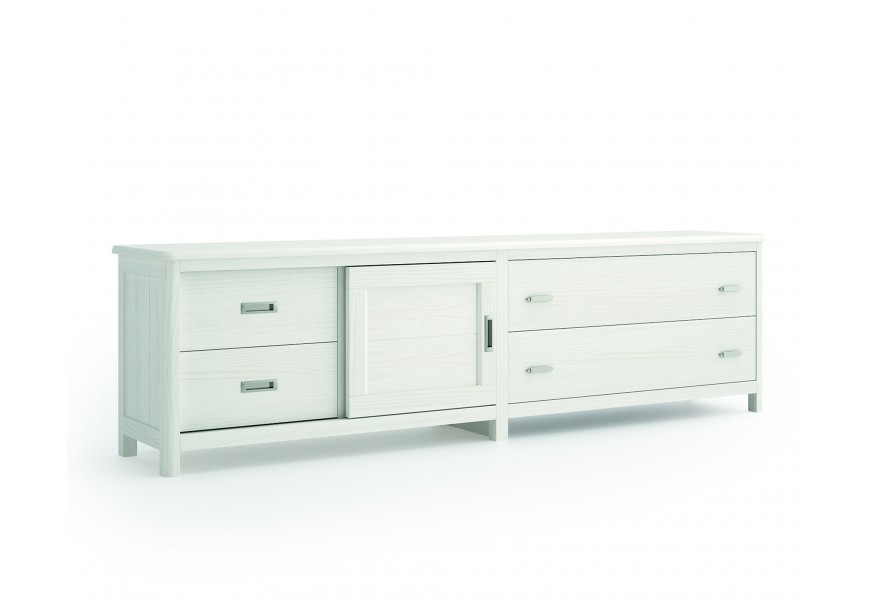 Masívny dizajnový TV stolík Cerdena v bielej farby s posuvnými dvierkami a štyrmi zásuvkami