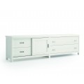 Masívny dizajnový TV stolík Cerdena v bielej farby s posuvnými dvierkami a štyrmi zásuvkami
