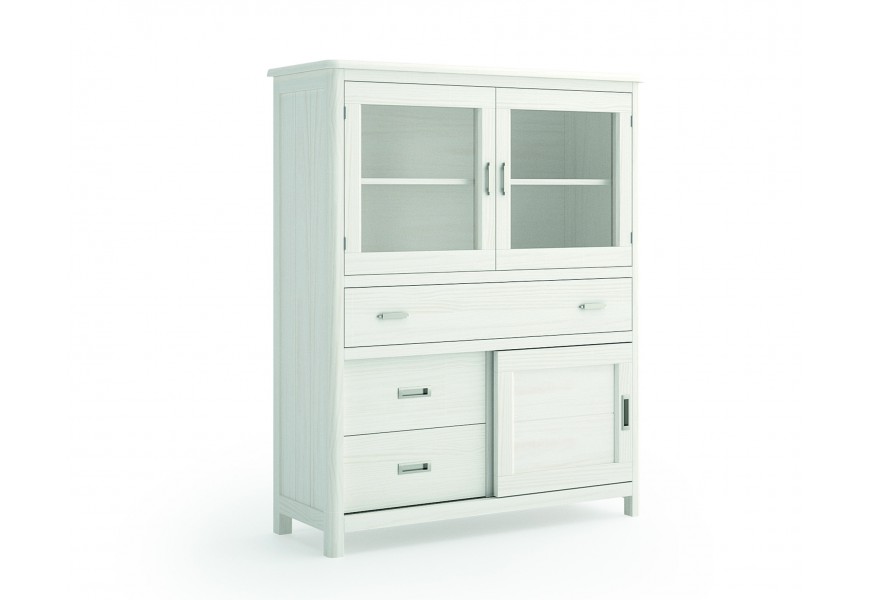 Štýlový elegantný príborník s vitrínou Cerdena bielej farby z masívneho dreva so sklenenými dvierkami a zásuvkami