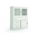 Štýlový elegantný príborník s vitrínou Cerdena bielej farby z masívneho dreva so sklenenými dvierkami a zásuvkami