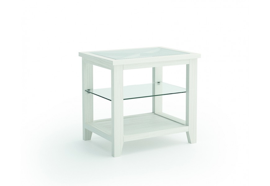 Elegantný masívny príručný stolík Verona bielej farby so sklenenou povrchovou doskou a poličkou