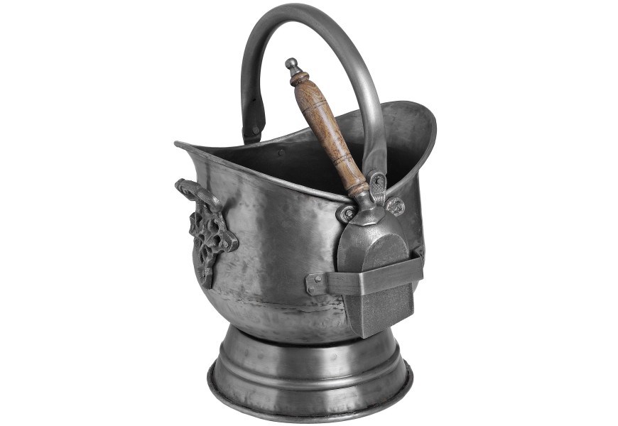 Dizajnové vedierko s lopatkou Fireside na uhlie v sivej farbe z cínovej zliatiny