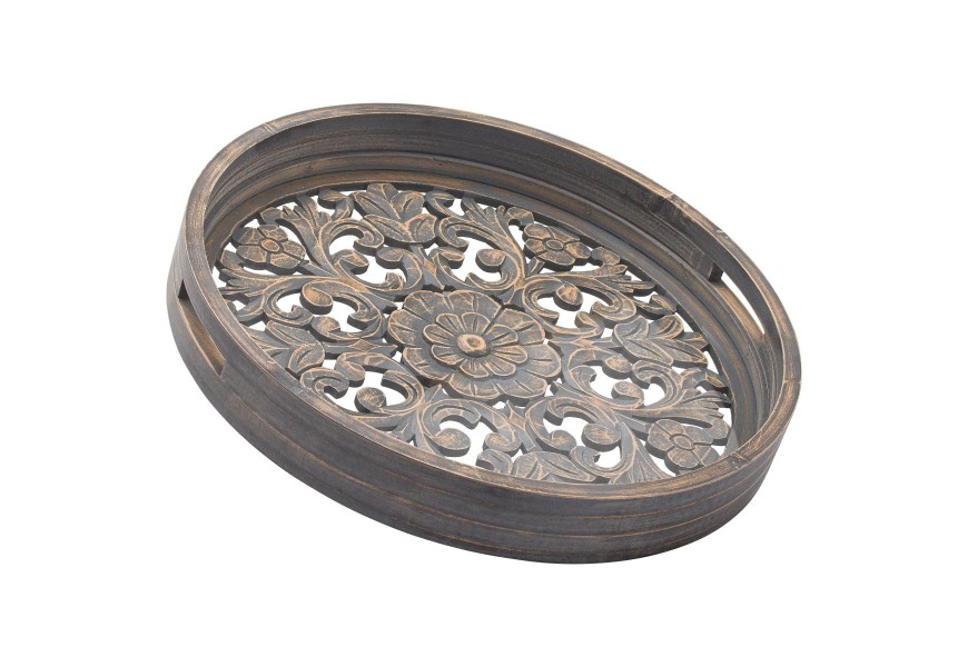 Štýlový set dvoch okrúhlych tácok Marion z dreva s bohatým orientálnym vyrezávaním