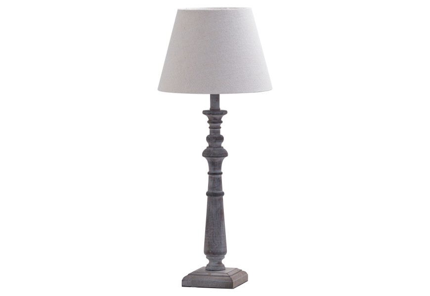 Rustikálna stolná lampa v sivej farbe s béžovým ľanovým tienidlom