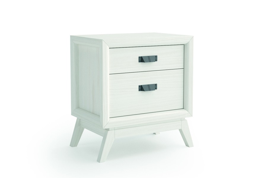 Moderný dizajnový nočný stolík Rodas z masívneho dreva s dvomi zásuvkami a šikmými nožičkami 58cm