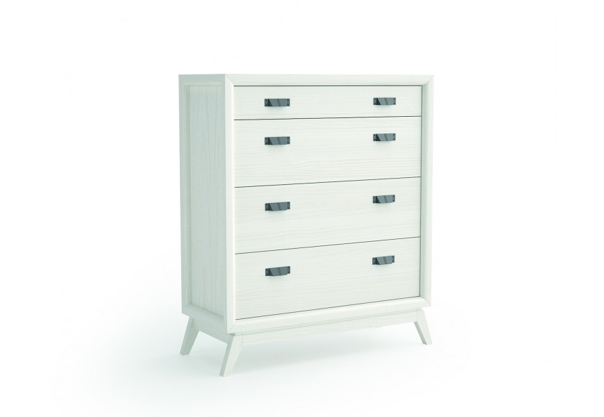 Moderná elegantná komoda Rodas v bielej farbe z masívu so štyrmi zásuvkami a šikmými nožičkami
