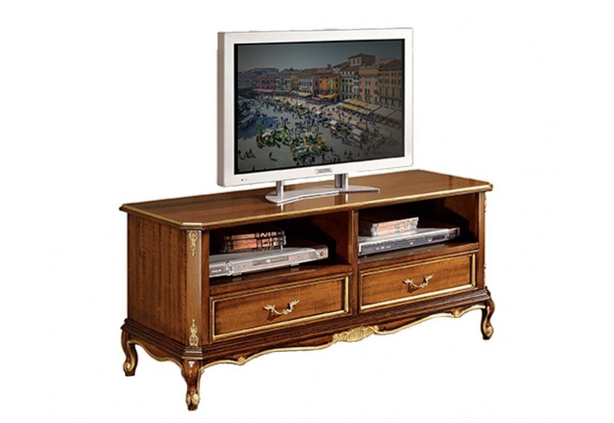 Luxusný klasický TV stolík z masívu s vyrezávanou barokovou výzdobou na nožičkách s úložným priestorom 120cm