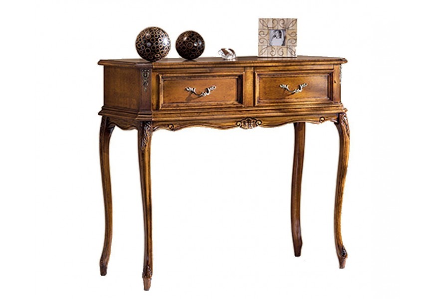 Luxusný barokový konzolový stolík s rustikálnou výzdobou a dvoma zásuvkami na nožičkách