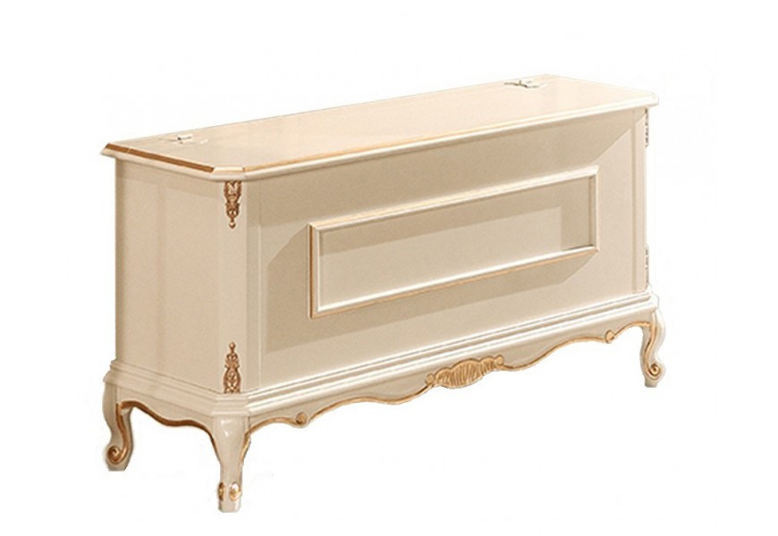 Luxusná rustikálna lavica Emocione z masívneho dreva s ozdobným ručným vyrezávaním a detailmi v starej zlatej farbe