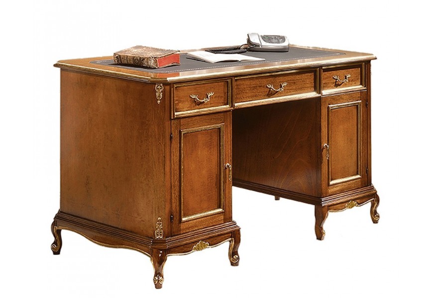 Luxusný klasický písací stôl Emociones z masívneho dreva v hnedej farbe s tromi zásuvkami a dvierkami s ozdobnými kovovými prvka