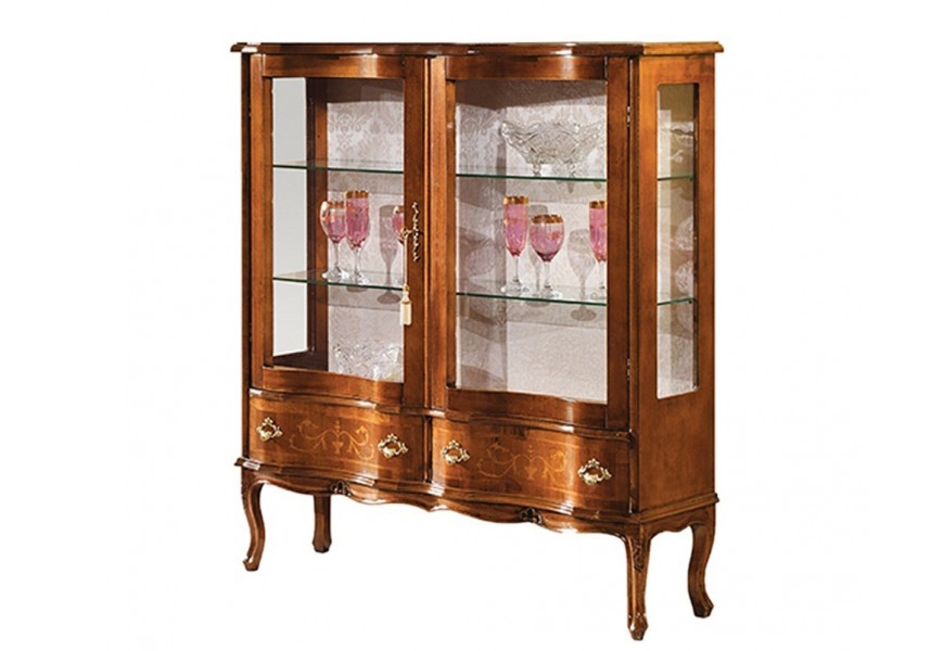 Luxusná klasická dvojdverová nízka vitrína Clasica s dvomi zásuvkami s rustikálnym zdobením 120 cm