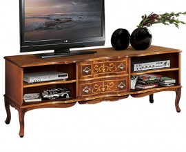 Luxusný rustikálny TV stolík Clasica z masívu so štyrmi poličkami a dvomi zásuvkami zdobenými intarziou 158cm