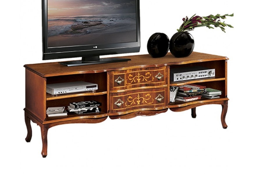 Masívny drevený TV stolík Clásica so štyrmi poličkami a dvomi zásuvkami s rustikálnym zdobením a vyrezávaním