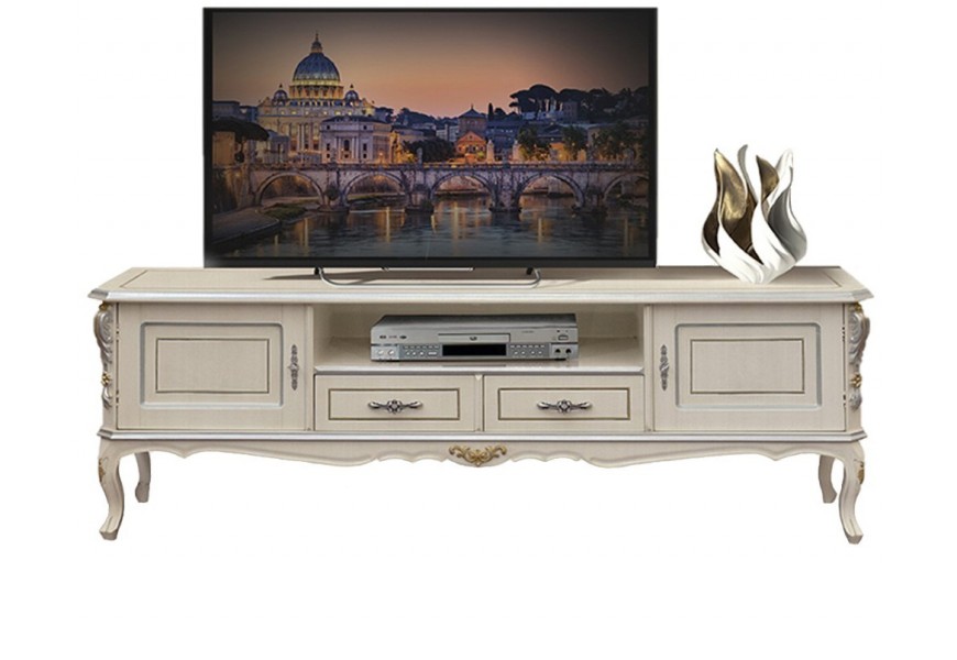 Luxusný drevený TV stolík orechovo-hnedej farby v klasickom štýle s bohatou barokovou výzdobou a úložným priestorom nožičkách