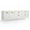 Luxusný art deco masívny televízny stolík Rodas v bielej farbe s úložným priestorom v dvoch jednodverových skrinkách a štyroch zásuvkách s kovovými úchytkami na šikmých nožičkách