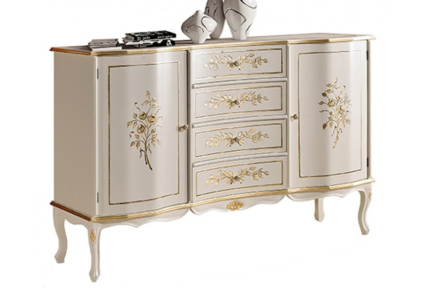 Luxusný rustikálny príborník Clásica z masívneho dreva so štyrmi zásuvkami a dvomi skrinkami s vyrezávanou a gravírovanou výzdob
