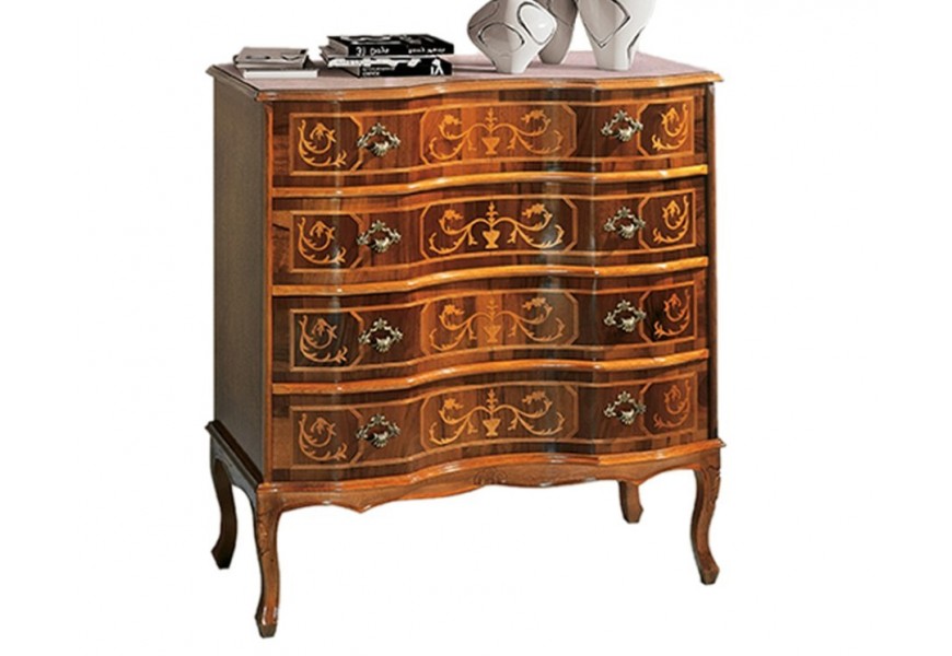 Luxusná drevená komoda Clásica z masívu hnedej farby so štyrmi zásuvkami s ornamentálnou intarziou