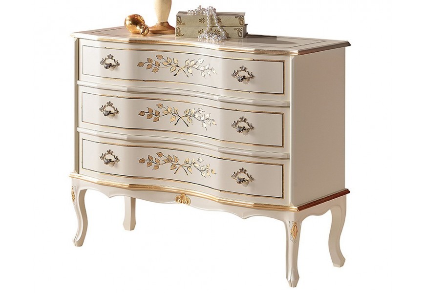 Luxusná baroková masívna komoda Clásica bielej farby s tromi zásuvkami so zlatým dekoratívnym zdobením