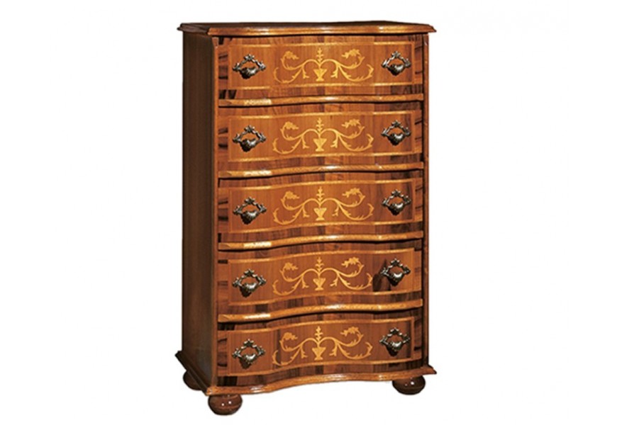 Rustikálna luxusná vysoká komoda Clasica s piatimi zásuvkami s dekoratívnou intarziou 86cm