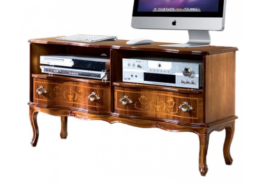 Luxusný klasický masívny TV stolík Clásica v rustikálnom štýle s dvomi poličkami a dvomi zásuvkami