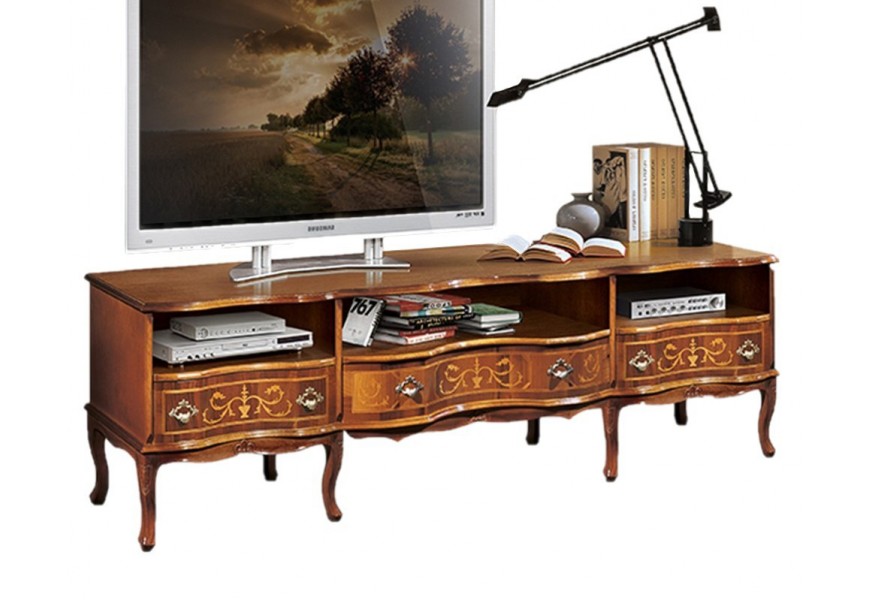 Luxusný masívny rustikálny TV stolík Clásica hnedej farby s tromi zásuvkami a poličkami