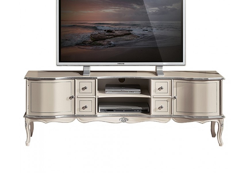 Exkluzívny rustikálny TV stolík Clásica s dvoma poličkami, štyrmi malými zásuvkami a dvomi dvierkami