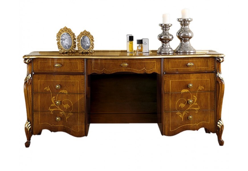 Luxusný masívny toaletný stolík Pasiones hnedej farby s deviatimi zásuvkami a bohatým rustikálnym vyrezávaním