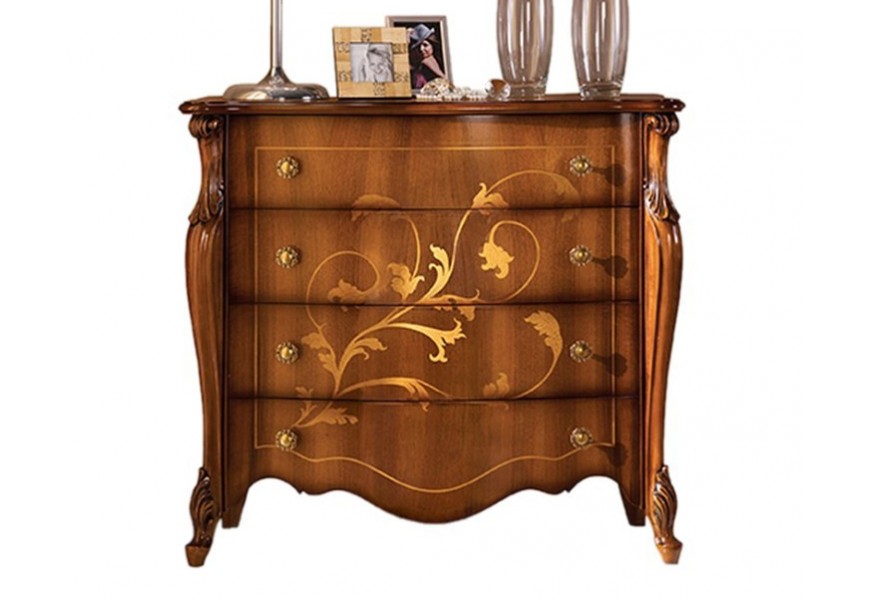 Rustikálna luxusná komoda Pasiones z masívneho dreva so štyrmi zásuvkami s inrarziou a vyrezávaním 93cm