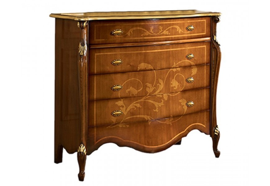 Luxusná rustikálna komoda Pasiones so štyrmi zásuvkami z masívneho dreva hnedej farby s ornamentálnou intarziou a vyrezávaním