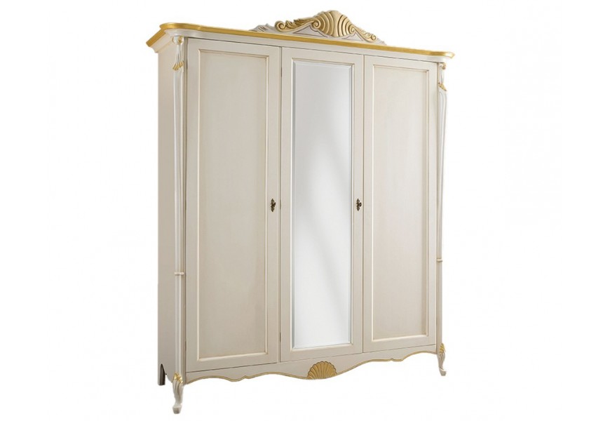 Luxusná masívna skriňa Pasiones bielej farby s dvierkami a so zrkadlom s rustikálnym zdobením