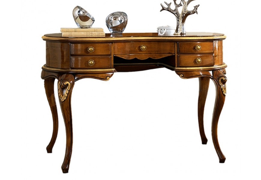 Exkluzívny masívny toaletný stolík Pasiones v rustikálnom štýle oválneho tvaru s piatimi zásuvkami a vyrezávanými nožičkami