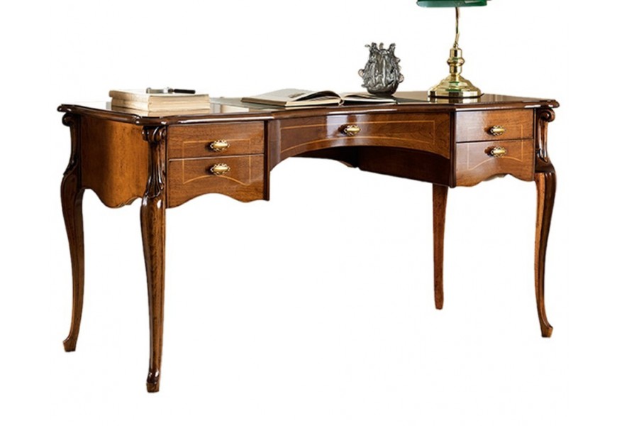 Rustikálny luxusný písací stôl Pasiones z masívneho dreva a vyrezávanými nožičkami s piatimi zásuvkami 150cm