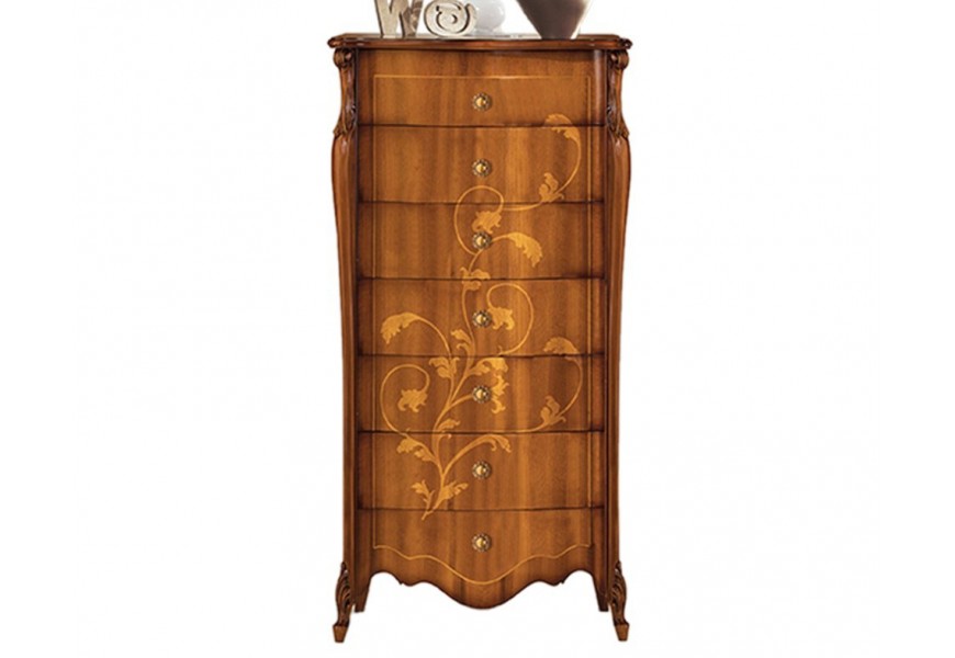 Klasická masívna drevená komoda Pasiones so siedmimi zásuvkami s vyrezávanými rustikálnymi ornamentami