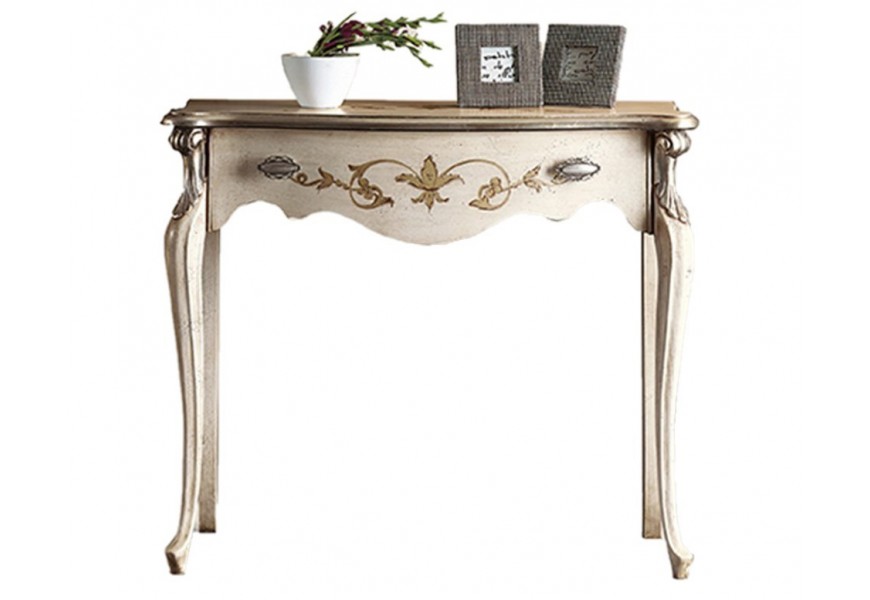 Exkluzívna konzola Pasiones z masívneho dreva bielej farby s bohatým zdobením a so zásuvkou