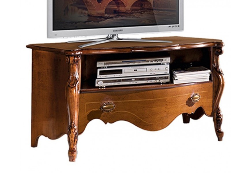 Exkluzívny drevený TV stolík Pasiones z masívu hnedej farby s poličkou a zásuvkou a s vyrezávaným rustikálnym zdobením