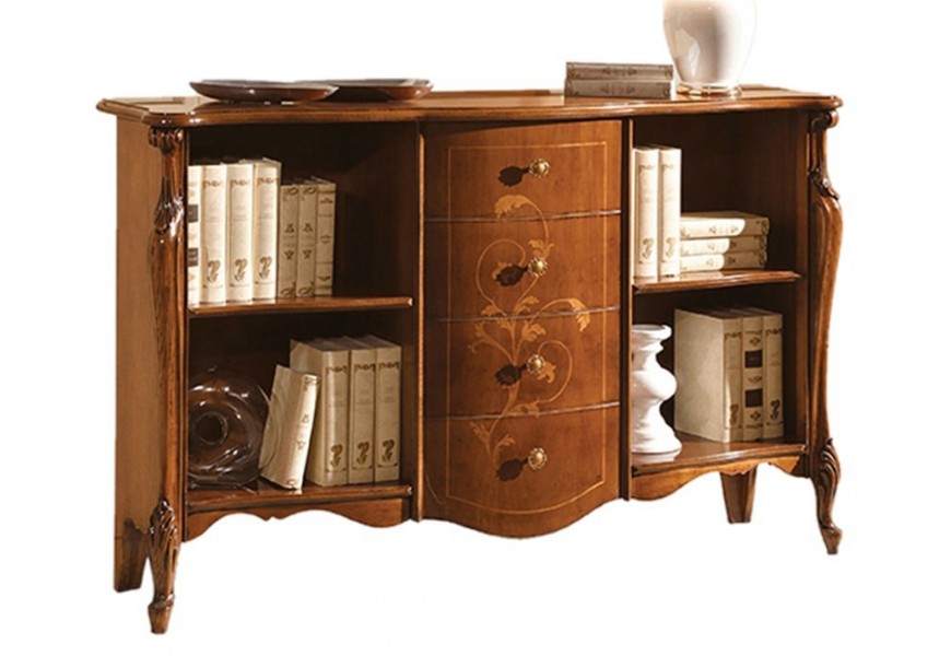 Elegantná masívna komoda Pasiones hnedej farby s rustikálnym zručným vyrezávaním, so štyrmi zásuvkami a poličkami